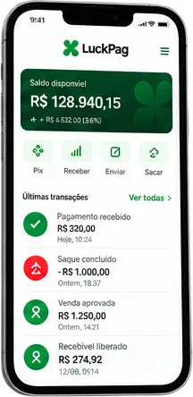 O app da LuckPag num celular, com o saldo e as últimas transações